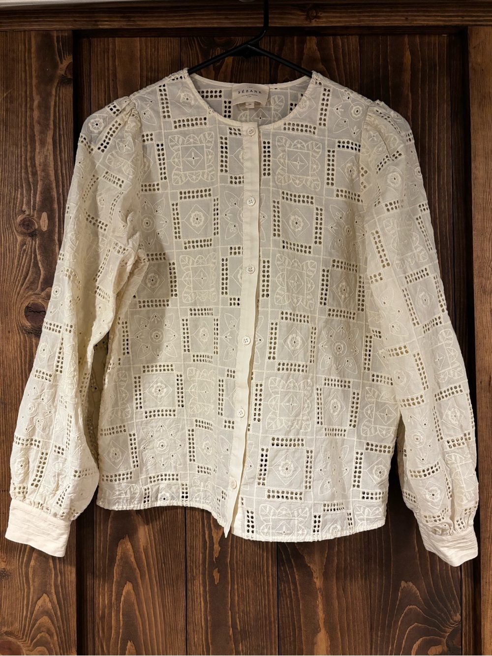 Sezane Amerie Long Sleeve Embroidered Eyelet Button Down Ecru Size 34